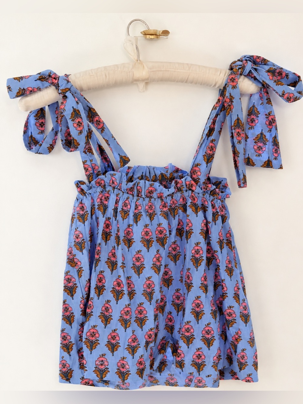 Marea by Liz Joy Blue Floral Block Print Smocked Tie-Strap Top XL